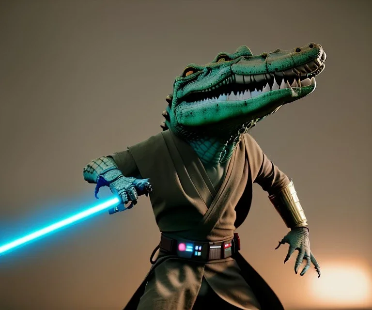 Star wars animation, crocodile, metal mask, samurai robe, holding lightsaber, hands, wrist gauntlets