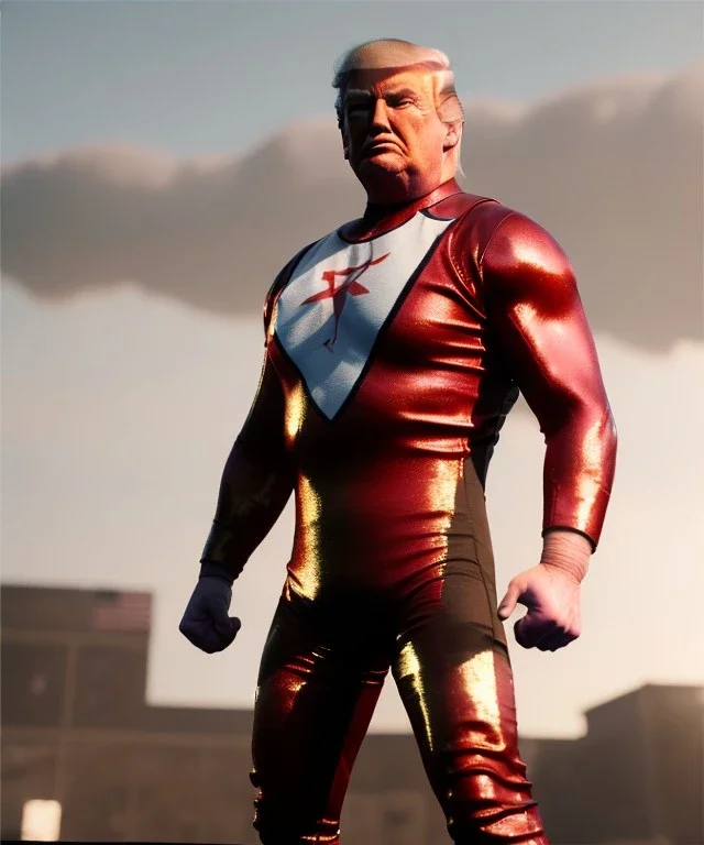 Wrestler Donald trump, wrestling, American shot, sweat, blood, red breeches, suspenders, retro style, 80s, hot ambient, photo studio, vibrant color, gradient, highly detailed, art stations, concept art, smooth, unreal engine 5, god rays, ray tracing, RTX, lumen lighting, ultra detail, volumetric lighting, 3d, finely drawn, high definition, high resolution.