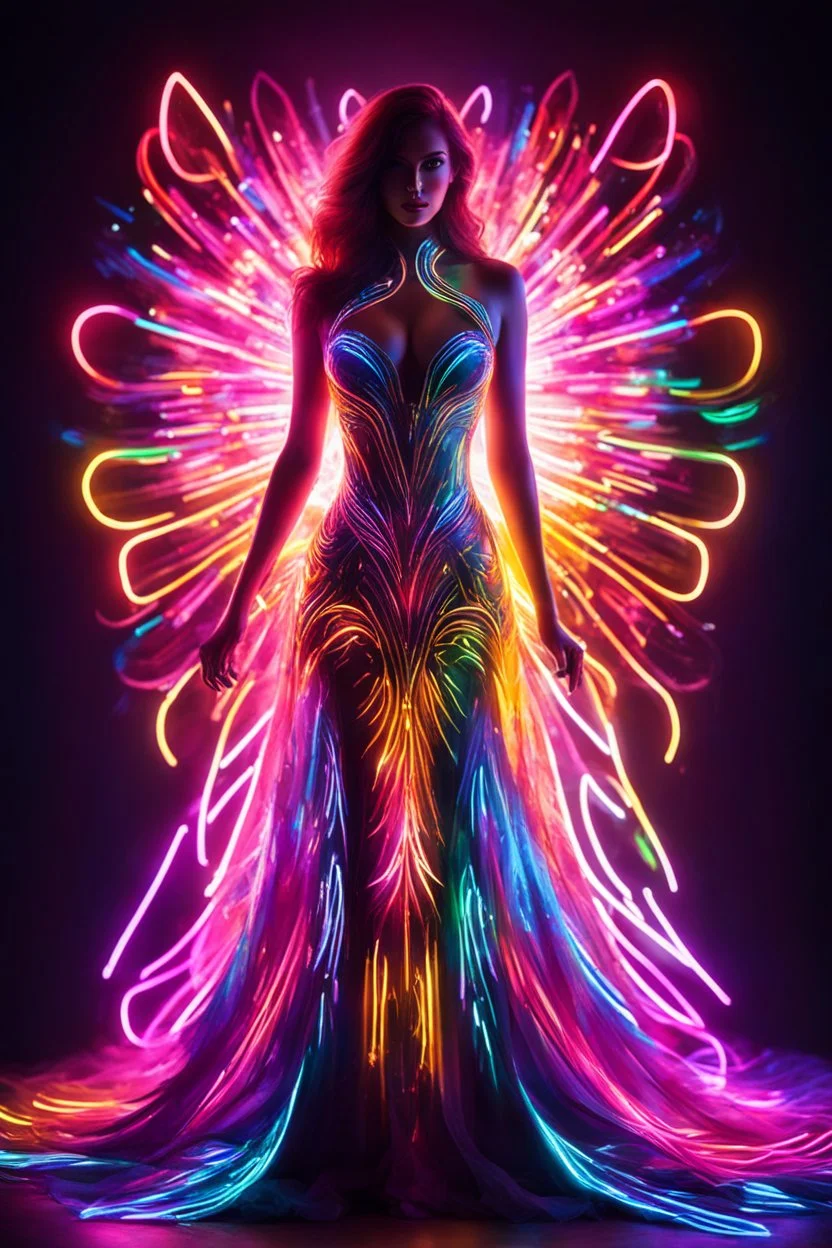 Beautiful woman with dress art neons glowing bright light in the dark and colorful details