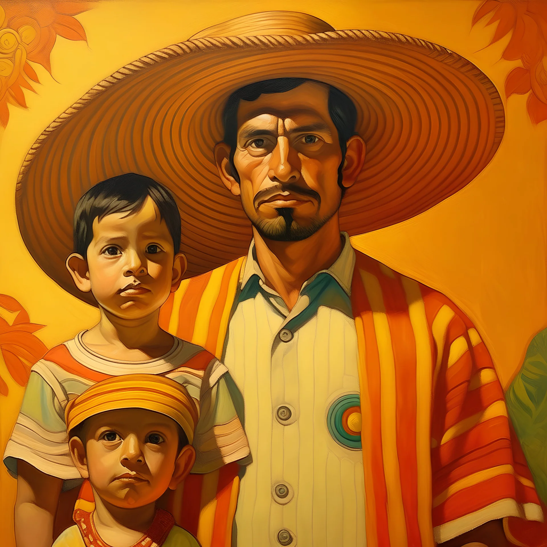 mexican men with child portret painting neoclassism whole body zoom the sun