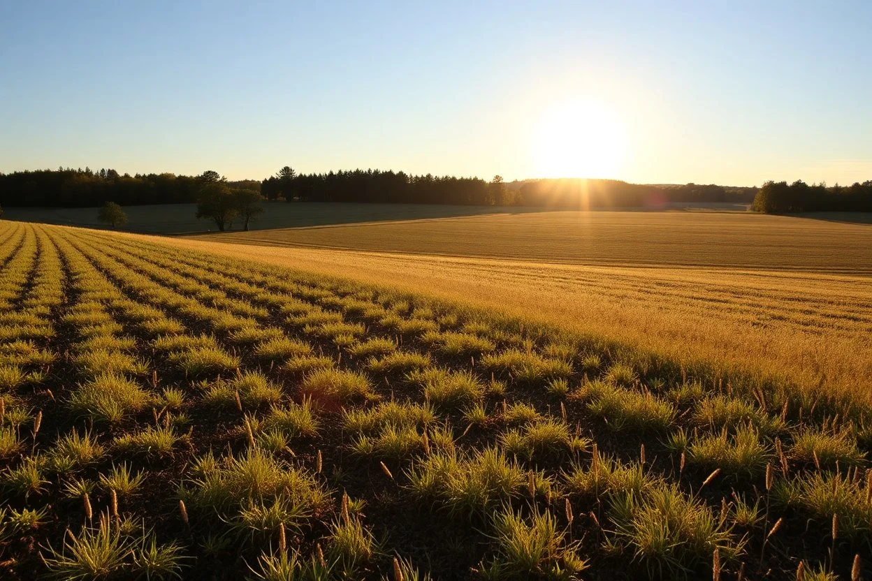clearing next to an ideal farm field, sunny afternood, product photo setting, mid-level horizon, taken from 15 feet up