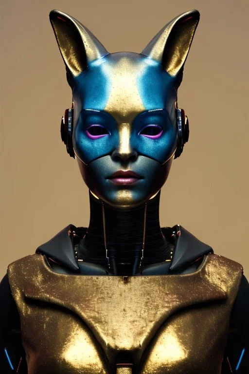 Medium Close Up Portrait, Front image. cyberpunk, rabbit mask, sweet woman, gold hair. latex suit army. Pink, black, blue, color. Cyborg style. Color background, photo studio. Avatar image, highly detailed, concept art, smooth, unreal engine 5, ray tracing, RTX, lumen lighting, ultra detail, volumetric lighting, 3d, finely drawn, high definition, high resolution.