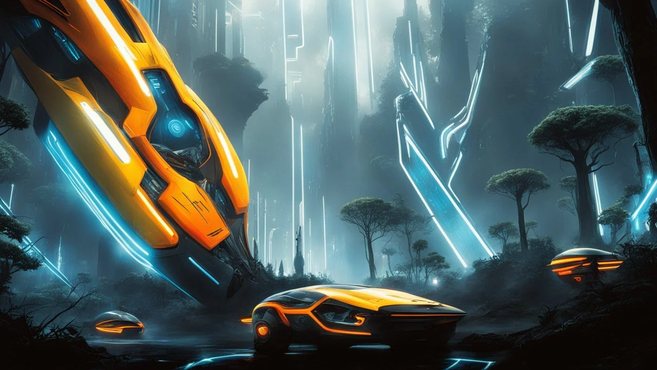 tron legacy movie, creatures,, space ships, city of the future, trees , forest, yellow, blue, red, orange