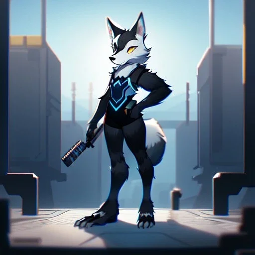 a fox fursona, darker colors, master quality, backlighting, soft lights, full body portrait, in frame, 8k, furry, fur, dark color pallet, robotic arm, cyberpunk, anthropomorphic, perfectly drawn face, well drawn paws