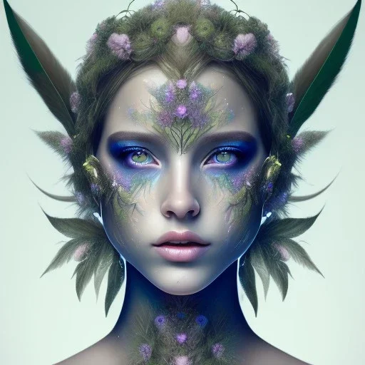 Portrait of beautiful girl, face dept of field,face shining, plant, metal, feathers, Dryad, fae, sidhe, ominous, nature, plants, wildflower sparkle,wildflower 3d view, facepaint, dnd character portrait, intricate, oil on canvas, masterpiece, expert, insanely detailed, 4k resolution, retroanime style, cute big circular reflective eyes, cinematic smooth, intricate detail , soft smooth lighting, soft pastel colors, painted Renaissance style,sharp fucus, bokeh,macro lens, 1500mm lens