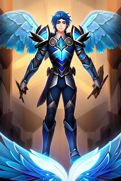 a human male with blue short hair and blue wings in an assymetrical armor with geometric patterns and a book in hand