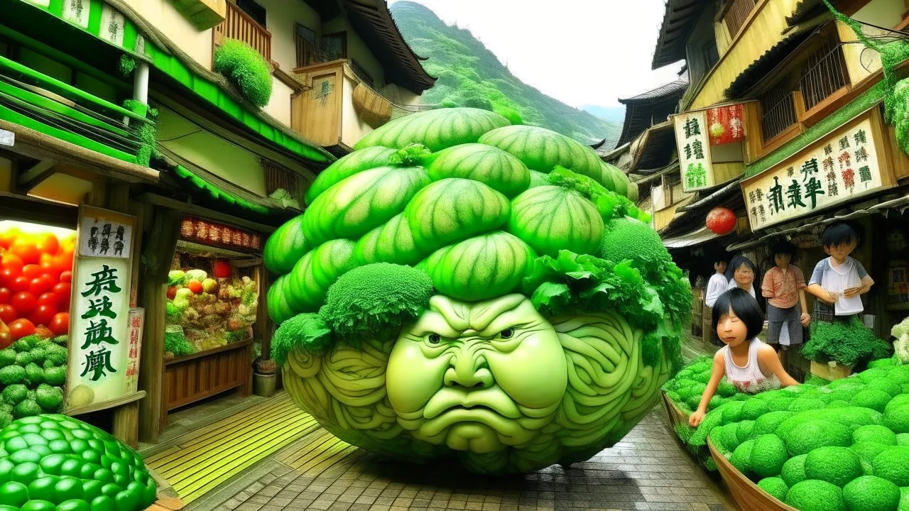 Jiufen Old Street, TaiwánWOMAN WHOSE HAIR TRANSFORMS INTO A CABBAGE , SURREAL COMIC STYLE