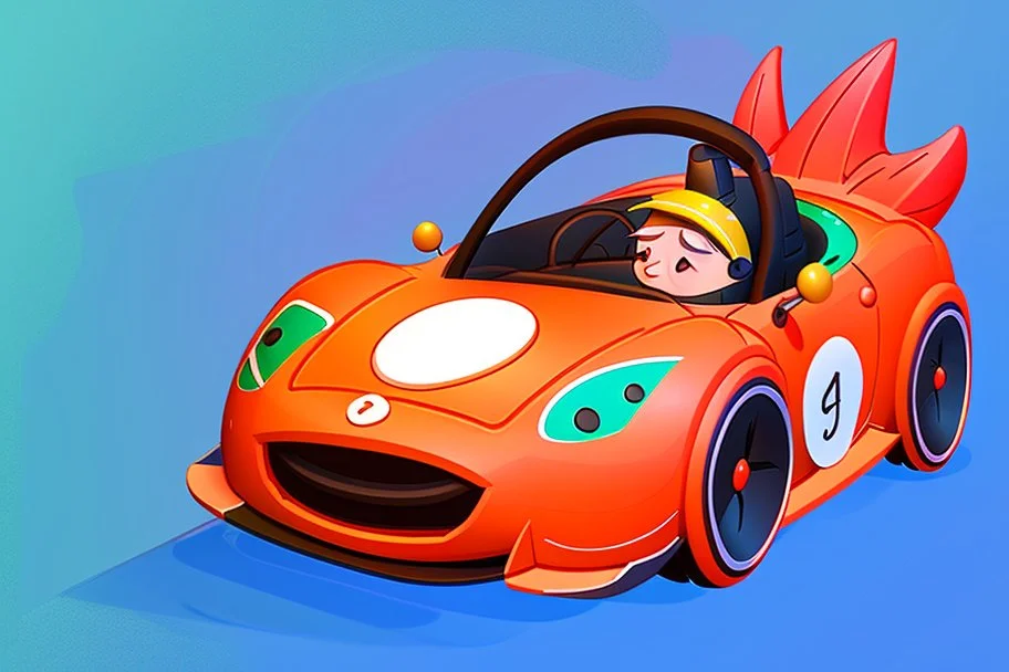 whimsical cartoony sports car, with a small mascot character with a racing helmet on driving it, celshaded comic style, happy atmosphere