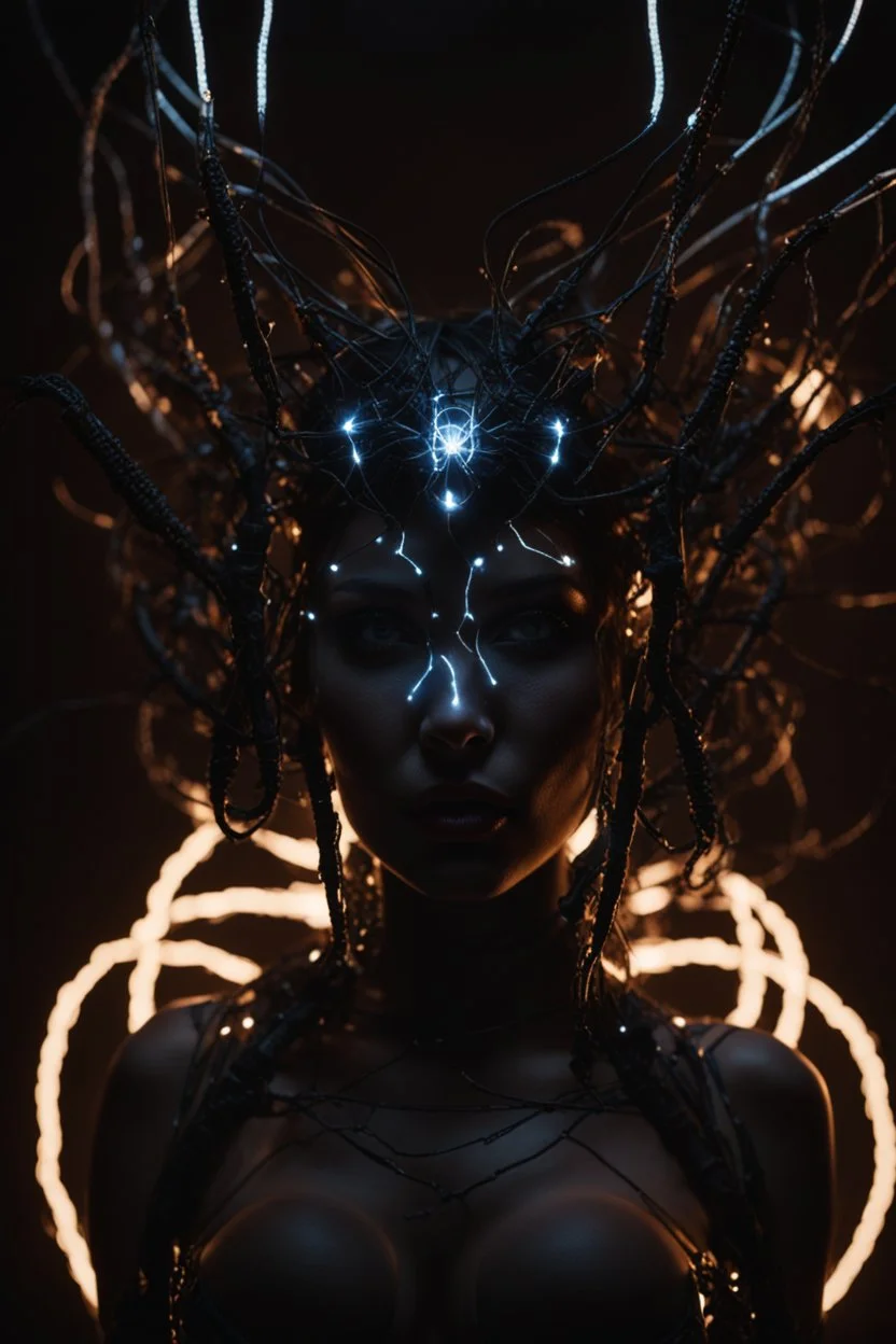 Demon girl, fullbody, creepy, horrifying, sinister, many wires connected to the head lumen lighting, led lights, sparks around her, sparks cybernetic,high lighting, intricate, 8k, macro photography,