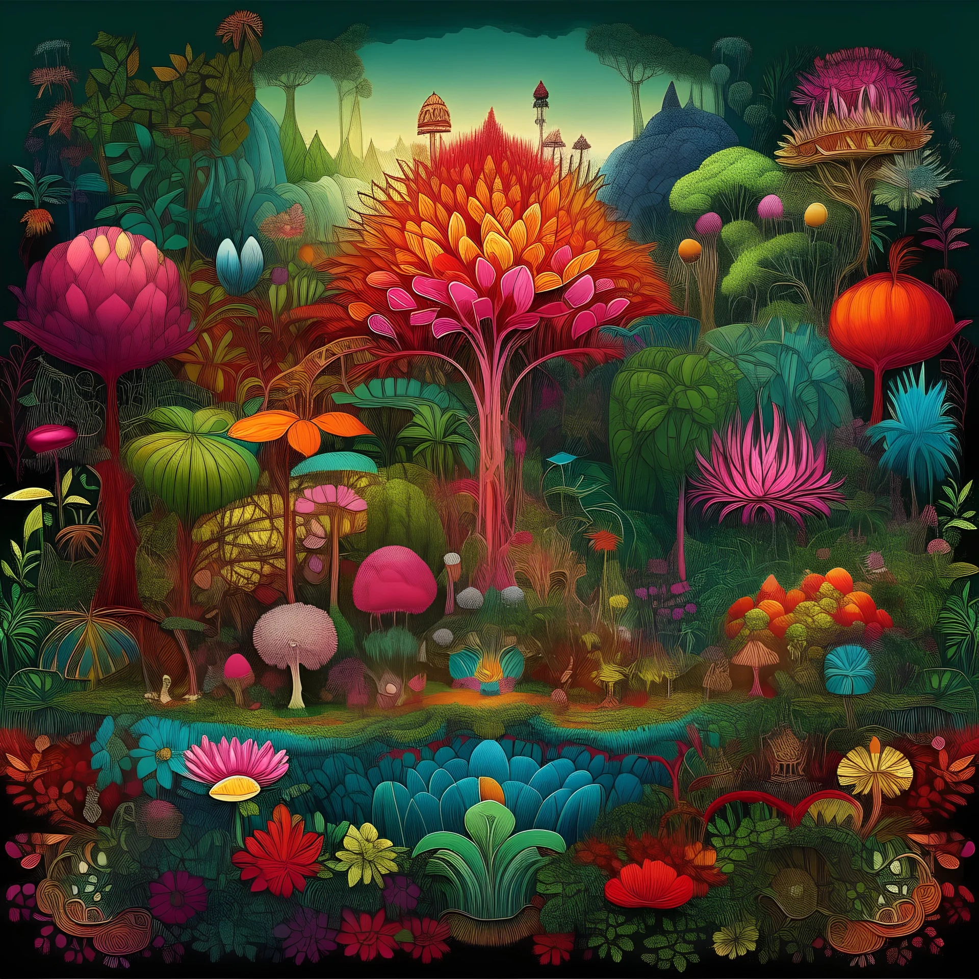 Description for the artwork "Diversity of Plants": This incredible digital artwork, titled "Diversity of Plants," embodies an intricate and imaginative world of a digital garden. The image is composed of a vast array of colors that bloom against the backdrop of a fantastical landscape. At the center of the composition is a large digital plant that impresses with its diversity and exoticism. Its leaves exhibit incredible shapes and shades, forming a unique pattern that unfolds around it. Scatt