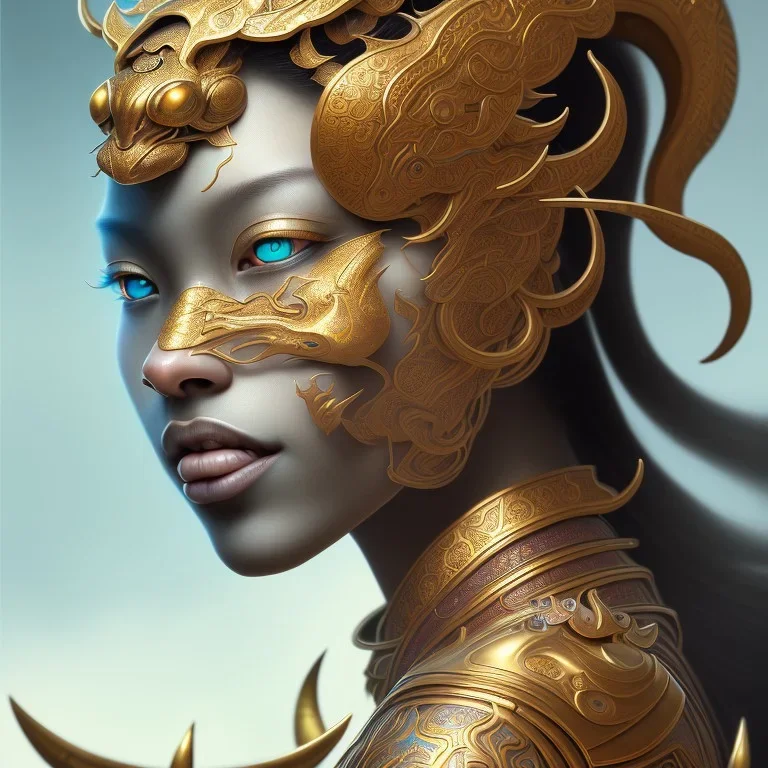 Sango fantasy, fantasy magic, intricate, sharp focus, illustration, highly detailed, digital painting, concept art, matte, art germ and Paul Lewin and Kehinde Wiley, masterpiece Indonesian lady head bronze tiger Asian African girl nice breast Hawaiian hair turquoise golden waves