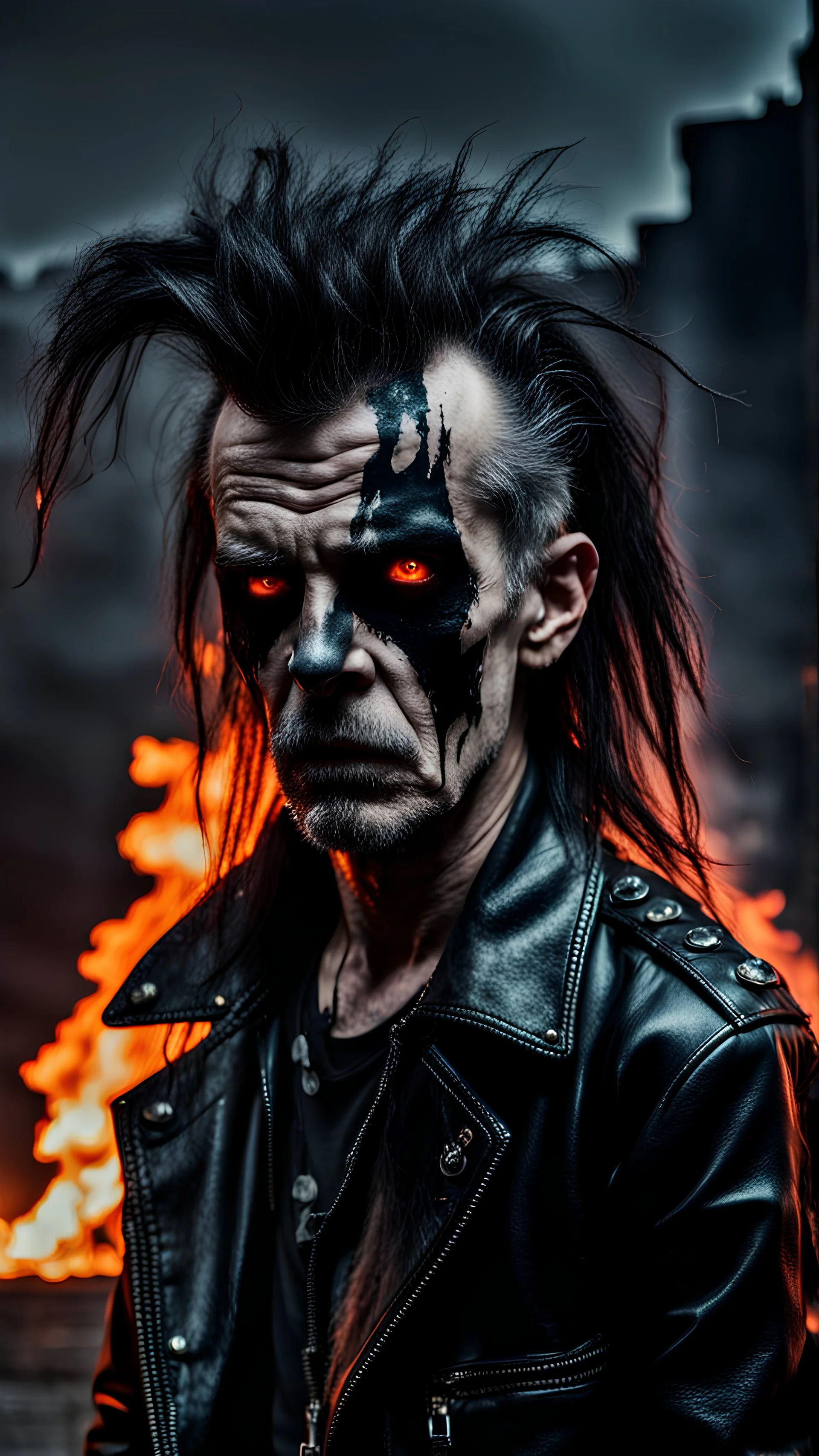 Scary old punk with black sloppy long hair and in a black leather jacket with creepy makeup on his face in the middle of a gloomy environment at night against the backdrop of fire