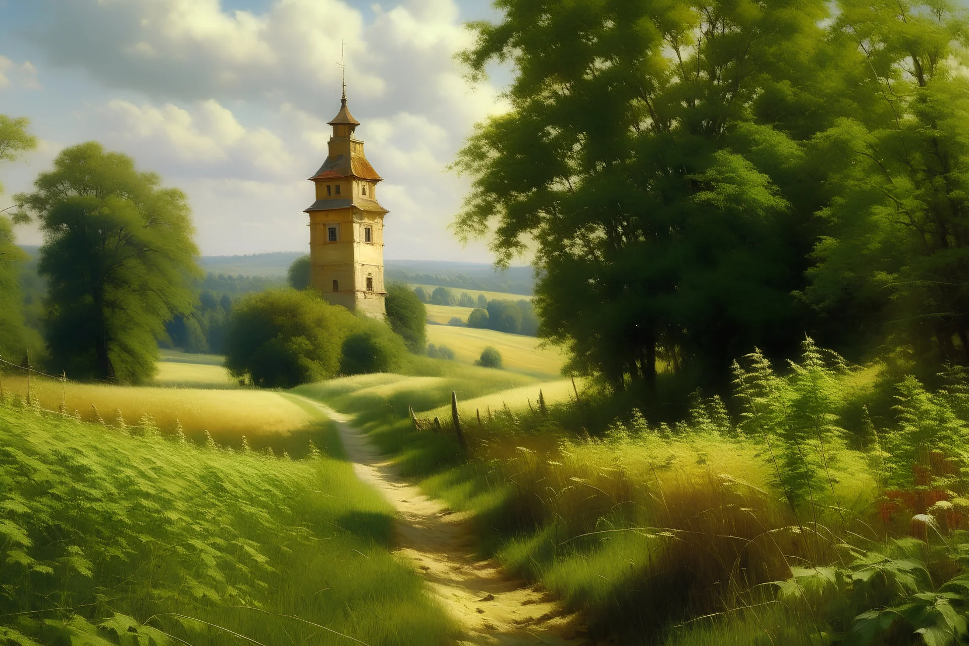 Peder Mork Monsted style,Hungary, field with hayrick, dirt road, church tower forest in the distance, summer