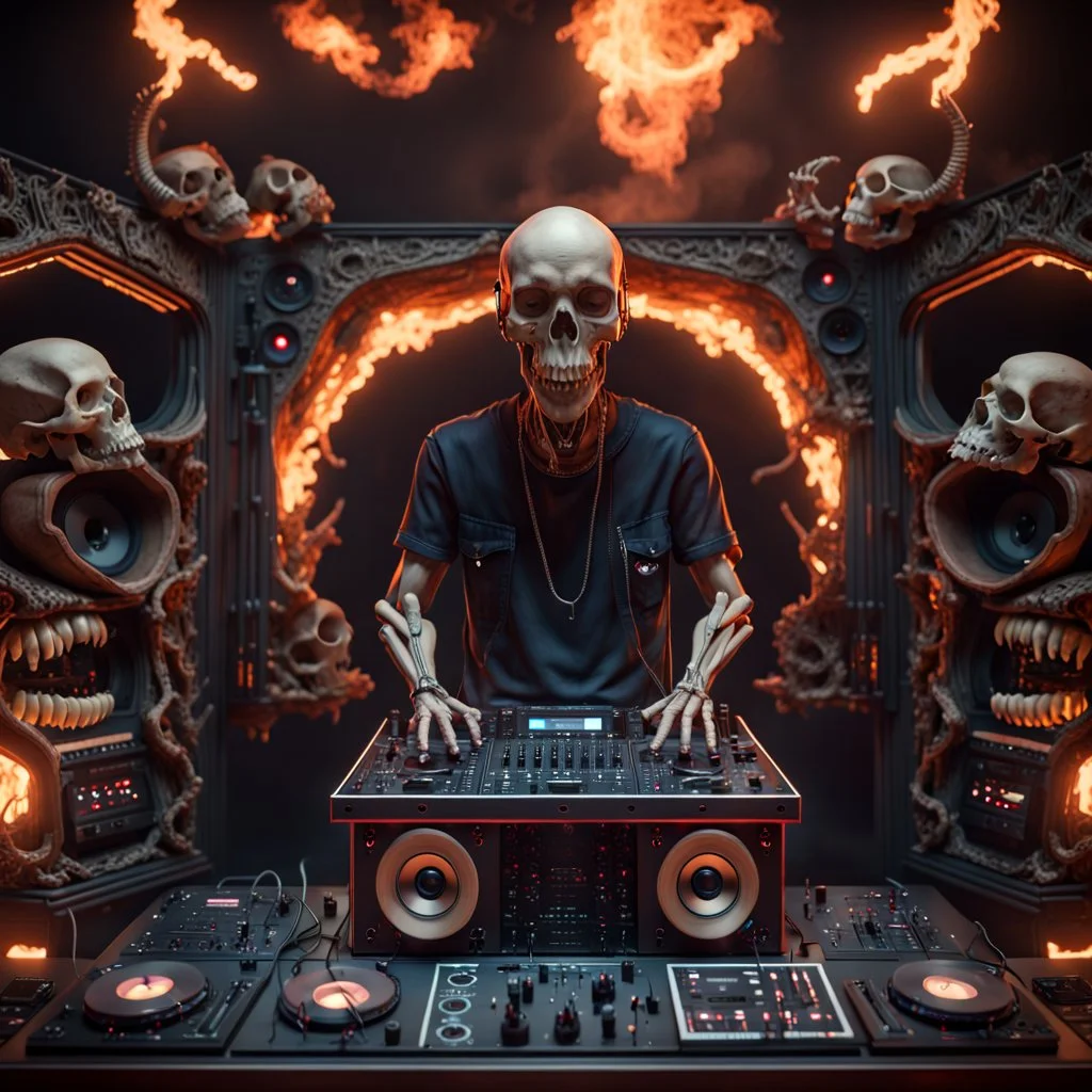 DJ of the damnded, insanely detailed DJ booth in hell, MID set, speakers and equipment made of bone, anatomically correct, add more skulls in th audience, photorealism, vray, 8k 3d