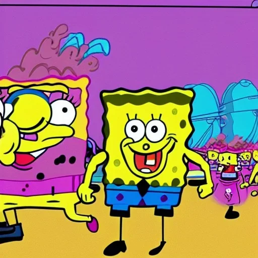 SPONGEBOB SQUAREPANTS RUNNING AWAY FROM THE POLICE IN BIKINI BOTTOM IN COMIC BOOK STYLE