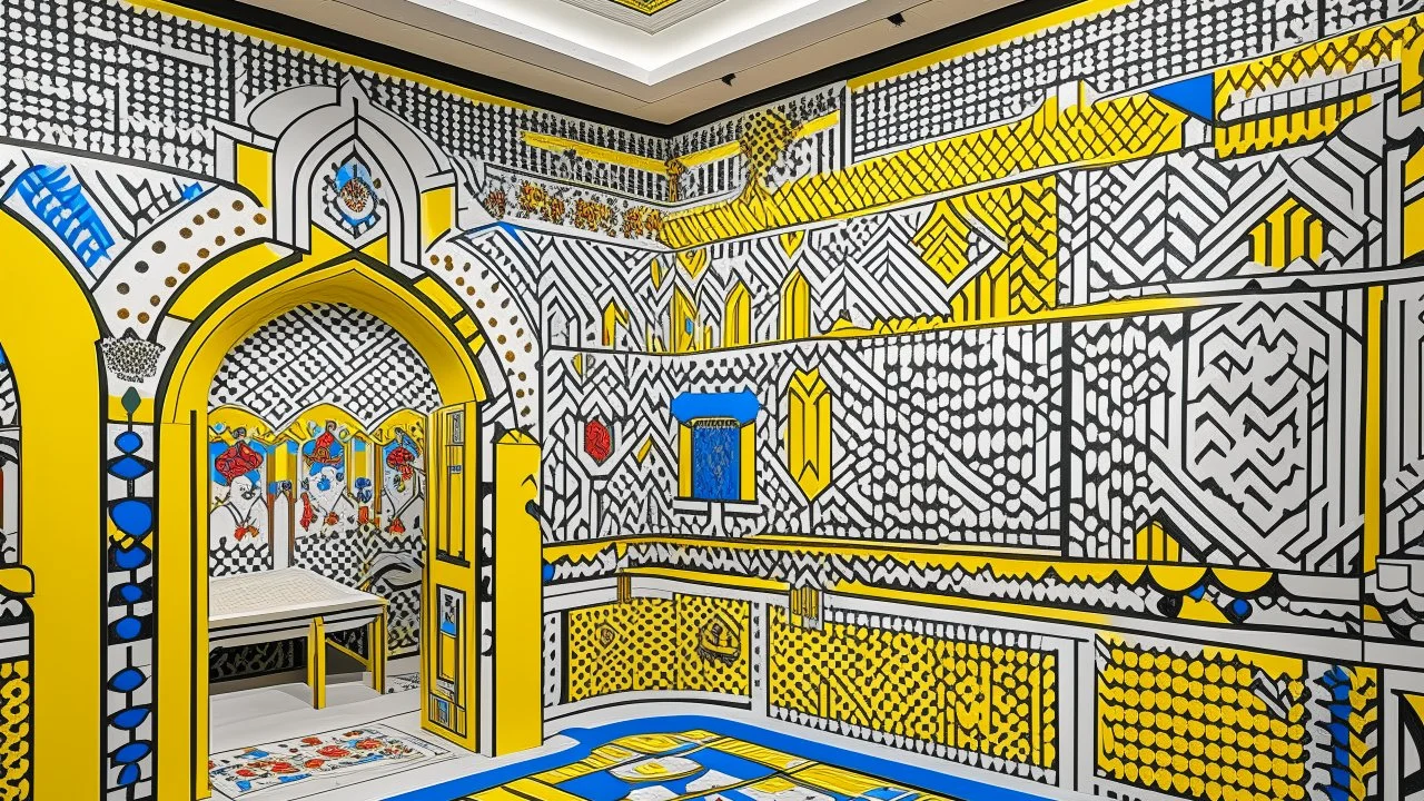 A white Arabian kingdom with a bazaar designed in ancient Greek mosaics painted by Roy Lichtenstein
