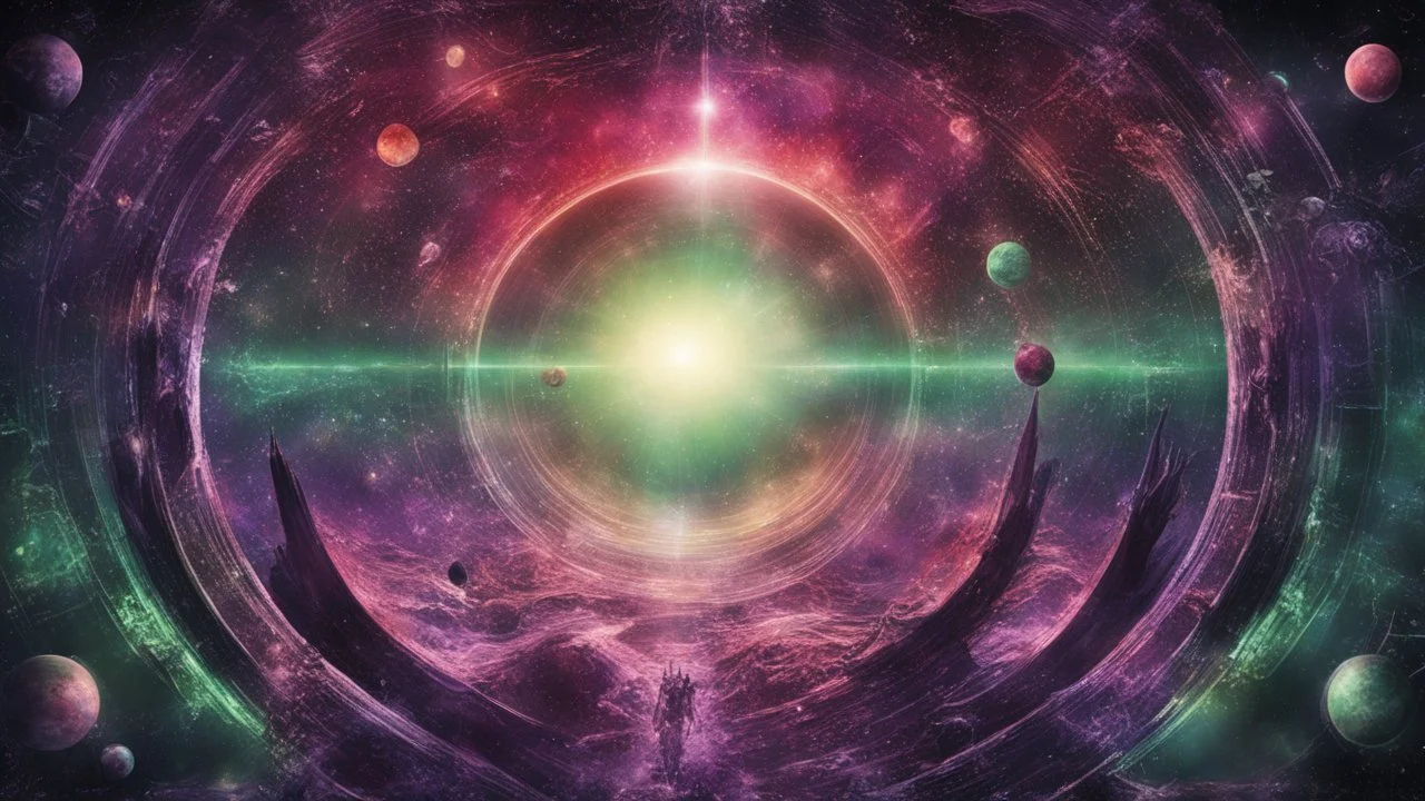 matrix universe, space, planets, god creation. purple, dark green and red, aliens from other dimensions of time