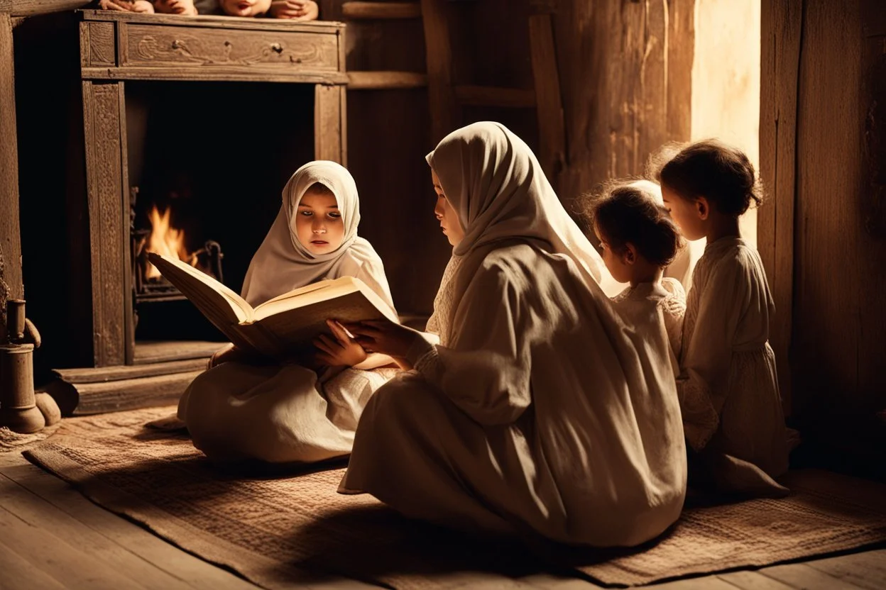 A close-up scene of an Arab mother reading the story from a book with her children around her in the room of the old wooden house near the fireplace 100 years ago.