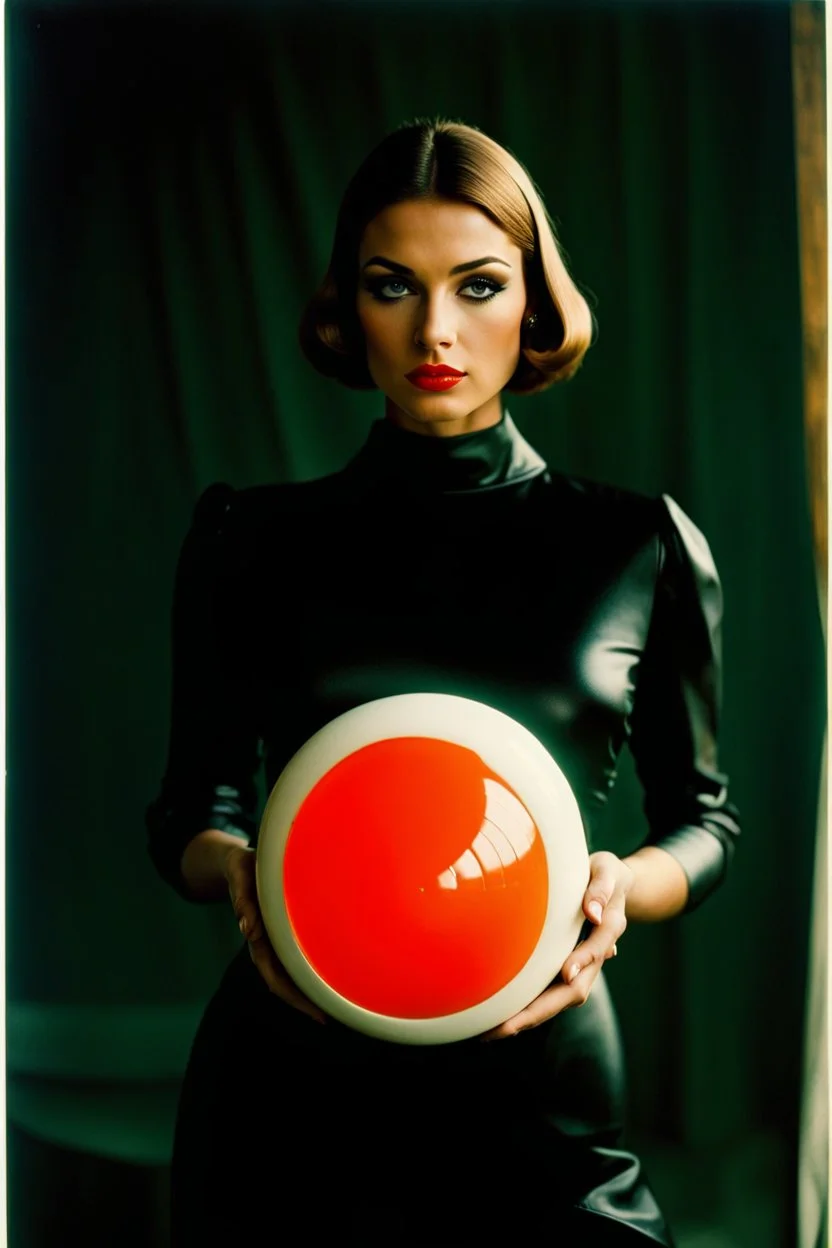 sixties, beautiful woman holding a piece of elephant art, Portra 400 film photo, analog inspiration, bubble, helmut newton, polaroid colors, realistic face, space age