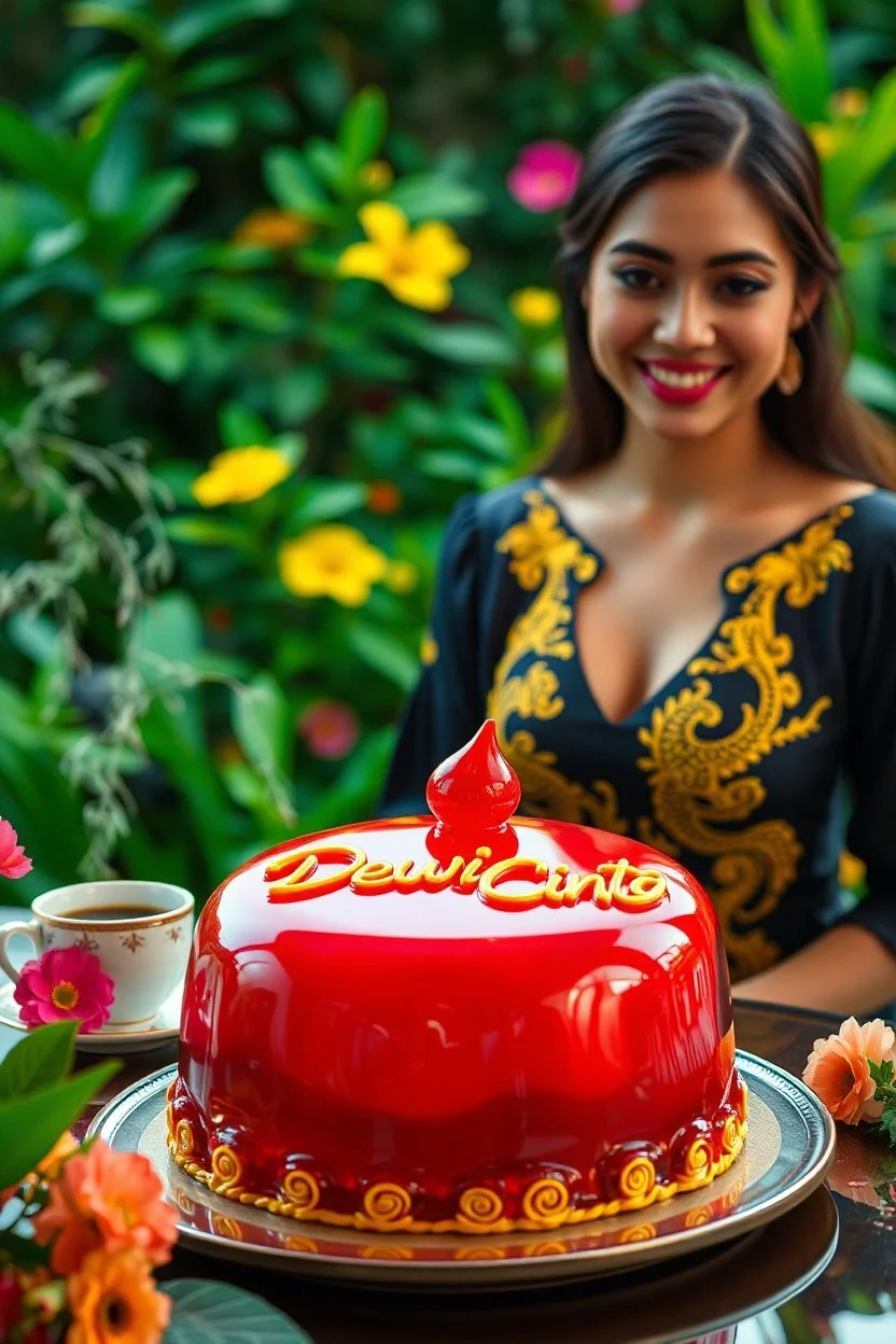 Make a big shiny and bright jelly cake, bright crimson in color, written text details 'Dewi Cinta'in cursive letters, near a beautiful smiling supermodel wearing a shiny bright black dress with yellow dragon embroidery, , near a coffee cup with steam, lush green garden background with beautiful green color with some vibrant colorful flowers, ultra HD 64k macro sharp focus cinematic photography