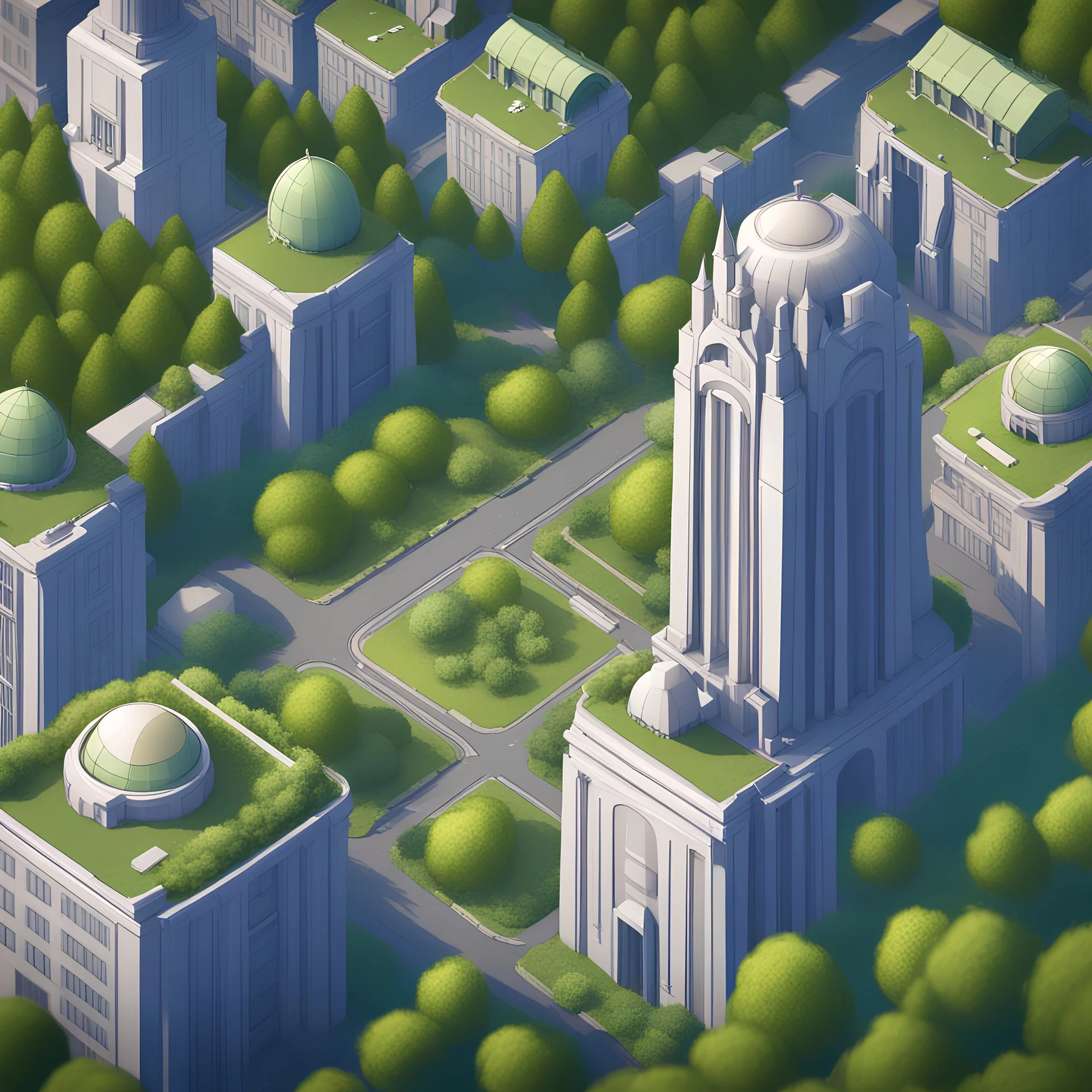 aereal view of several buildings surround by trees, trending on artstation, bloom, in a distance