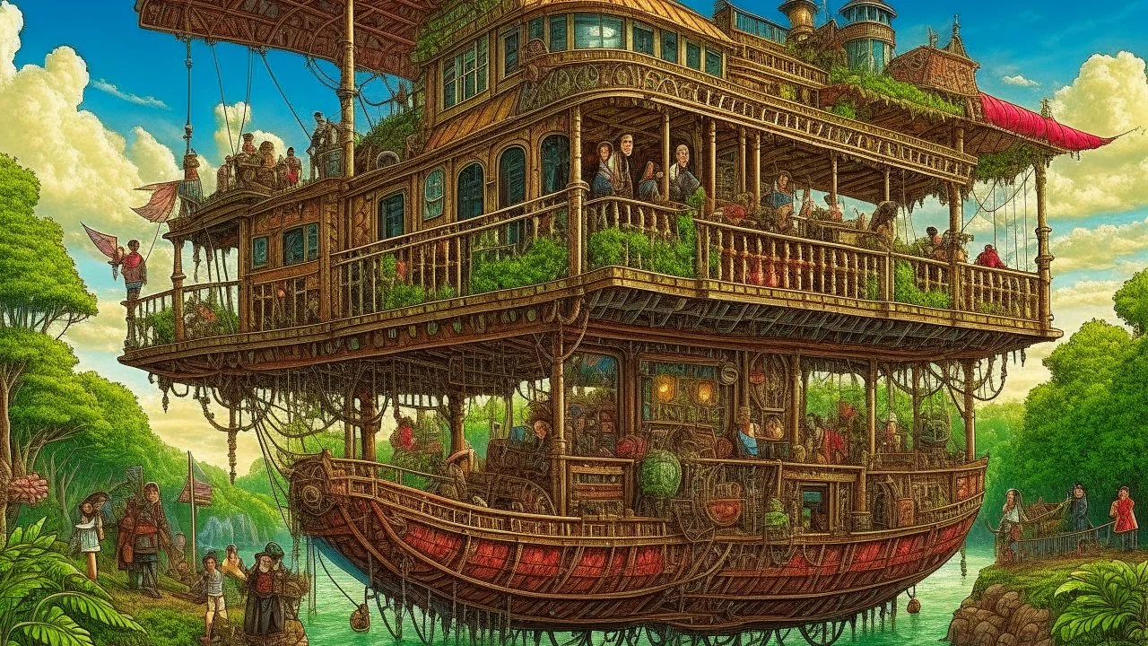 steampunk gipsy caravan crossed with a boat flying high over a jungle with platforms, verandas, and people, intricate