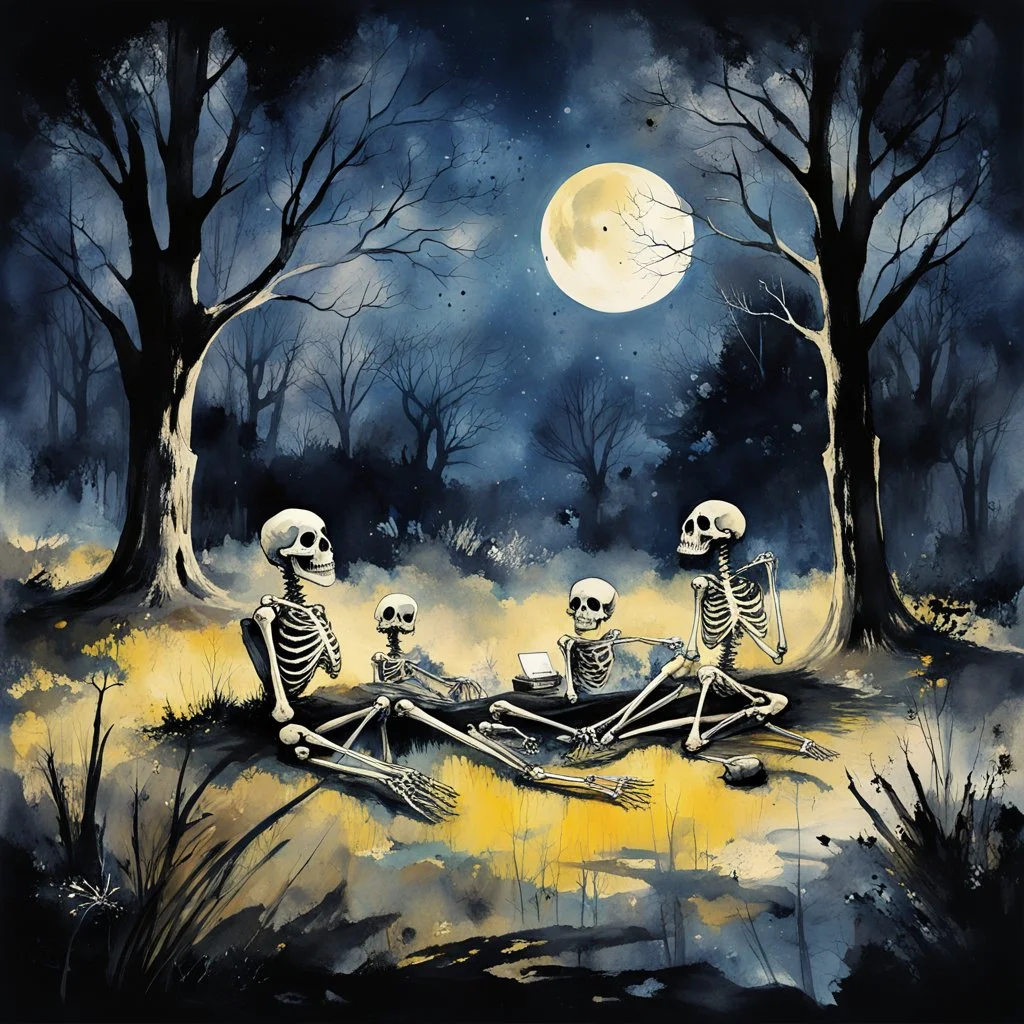 Skeleton family picnic in a park at midnight, impressionism, watercolor painting, rough long brush strokes, dark background, ink splatter, depiction of light in in its changing qualities, creepy, cosmic horror, by Claude Monet and Sam Keith, minimalistic, expansive negative space, opulent shadows, diagonal composition, by Russ Mills, midnight_blue and black and muted_yellow color scheme