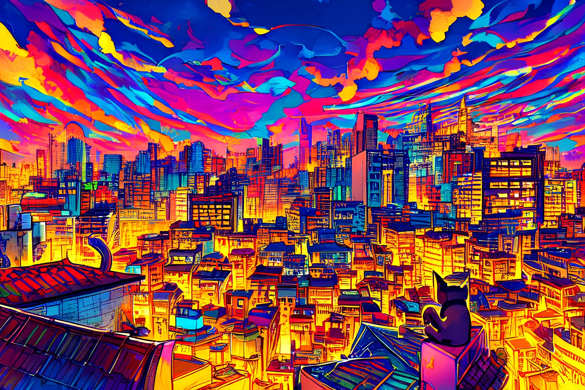 sunset, cat on the roof, city in japan, colorful