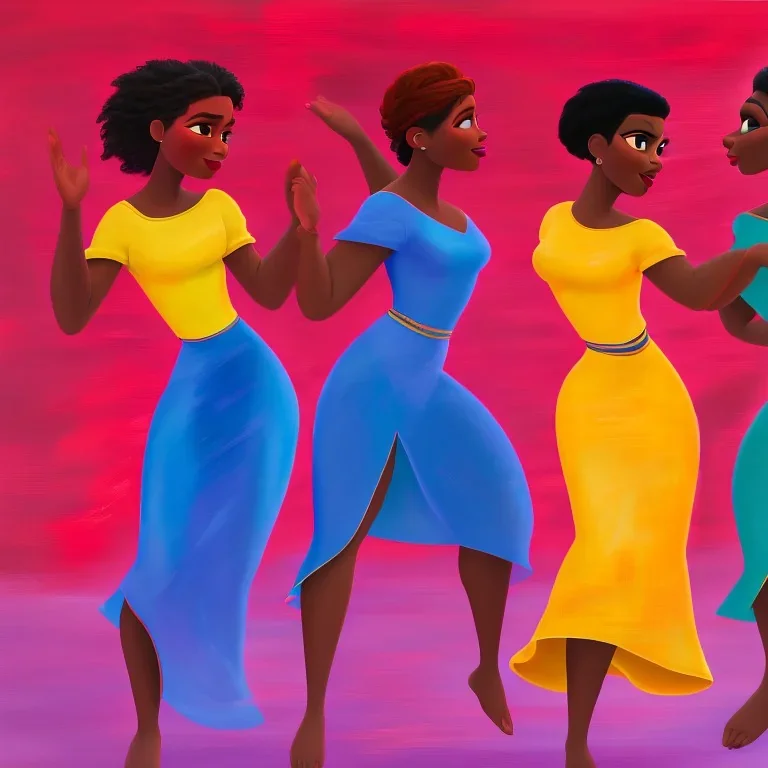 an abstract painting with figures of three African women dancing