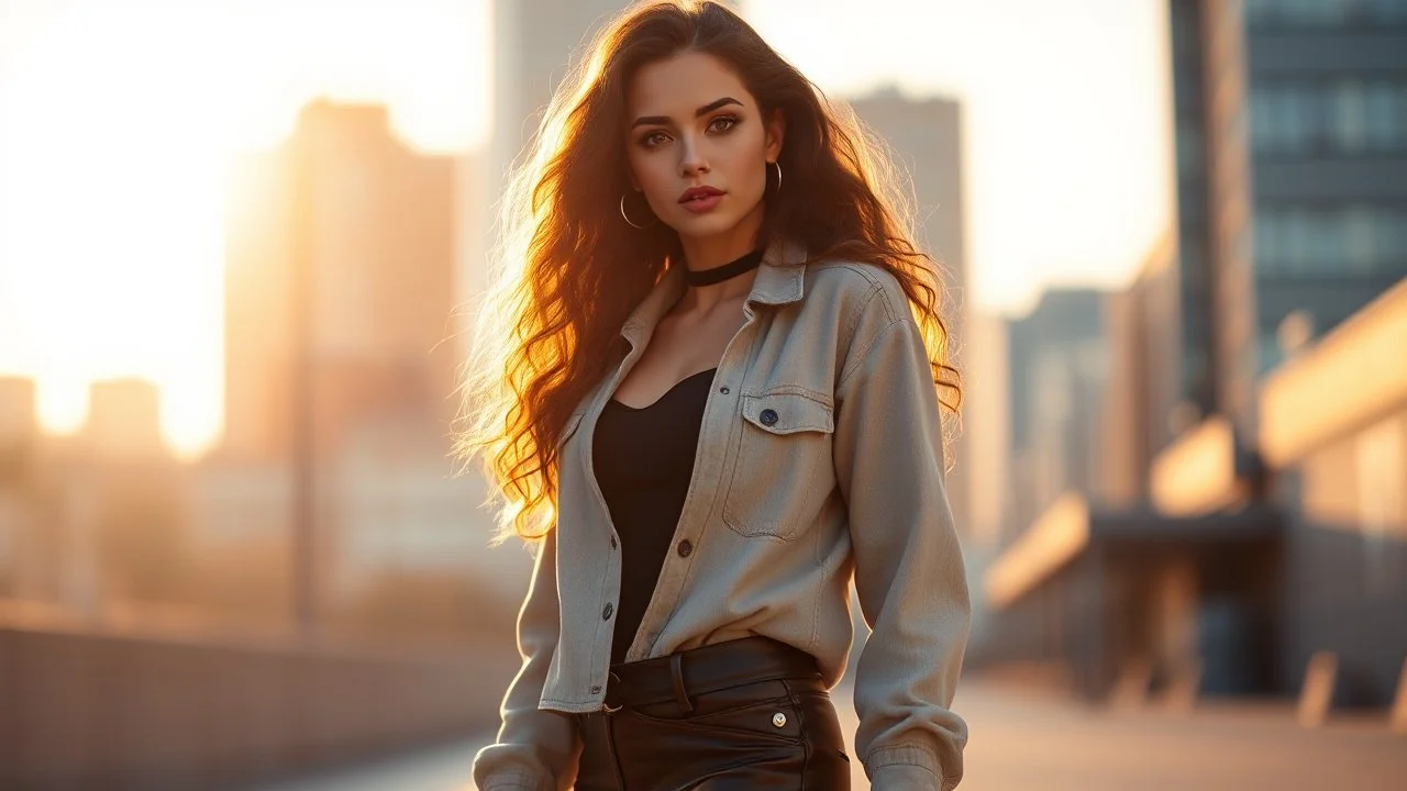 Create an ultra-realistic cinematic 8K fullbody of lady mode skin texture, add makeup,pretty boots,curvy long hair. Style: fashion editorial, confident standing pose. Lighting: warm golden hour sunlight, soft rim light. Background: softly blurred urban bokeh. Camera look: shallow depth of field, film grain, cinematic color grade. Outfit: keep similar to the original or elevate slightly with premium casual style.