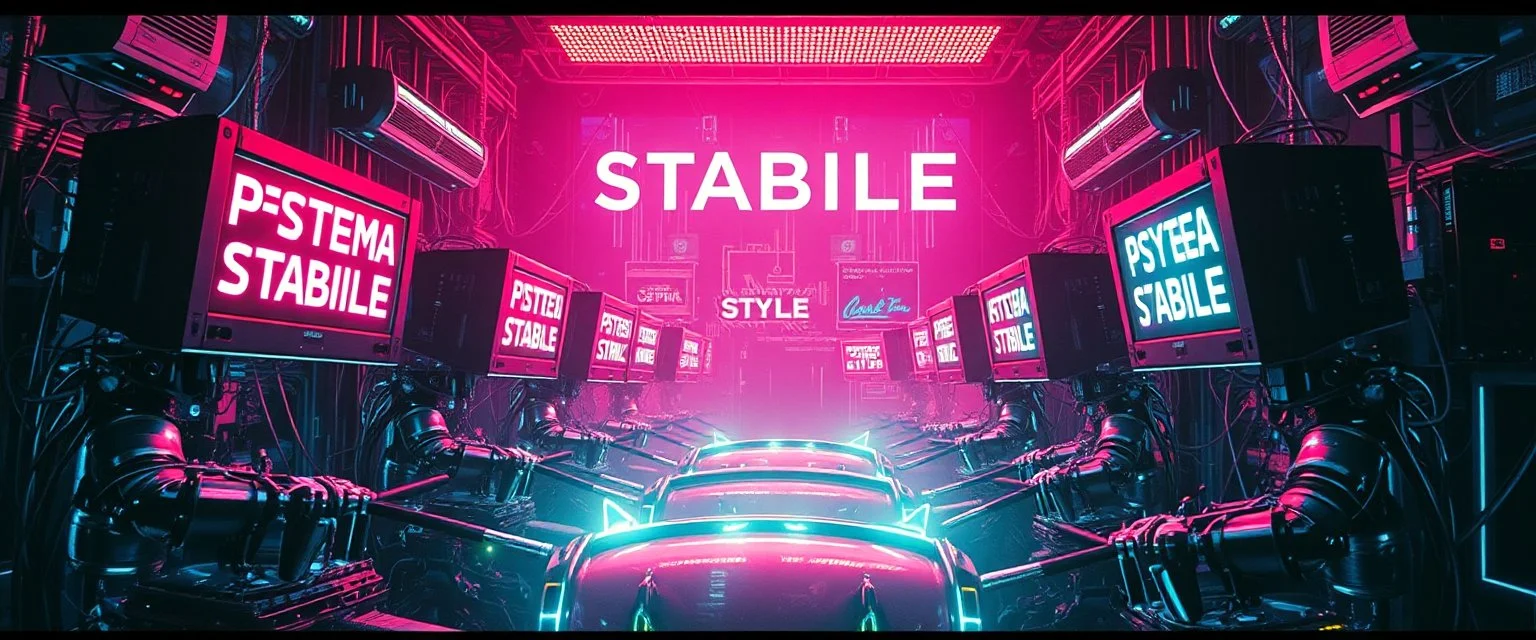 cyberpunk imagery synchronized mechanical drumming flickering CRT screens saying "PSYSTEMA STABILE"