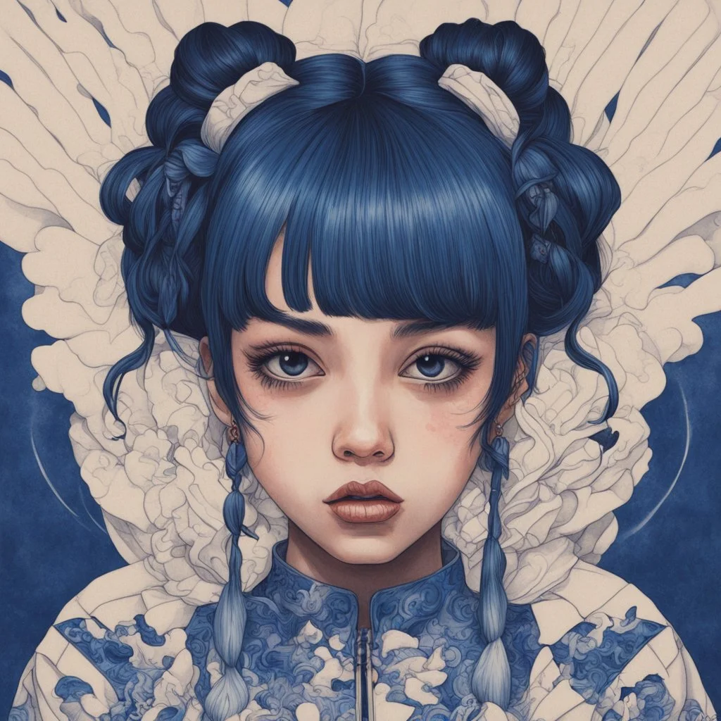 A beautiful portrait painting of a Singer Melanie Martinez face by Katsushika Hokusai, beautiful cyberpunk huge girl, symmetry, hyperdetailed, illustration darkblue tones,