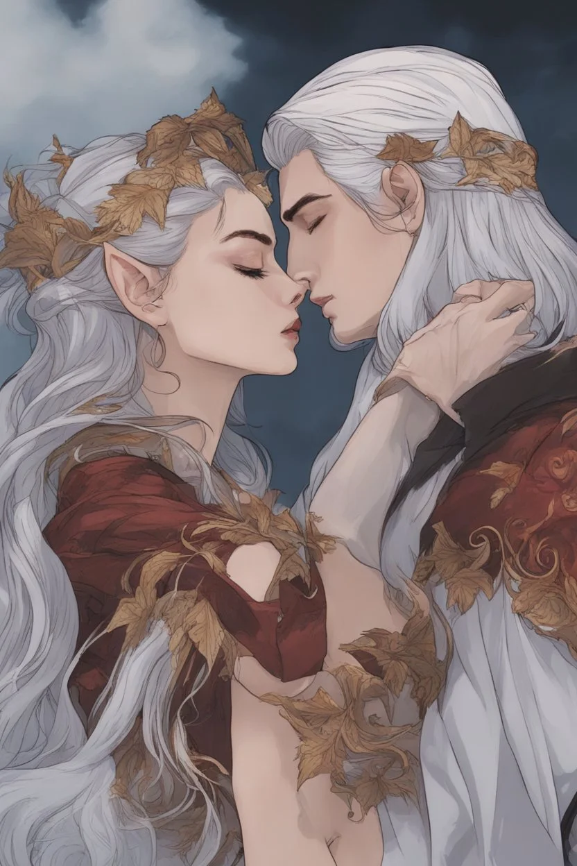 A couple from the dnd game curse of Strahd kissing, kiss, kissing She has white hair he has long black hair.