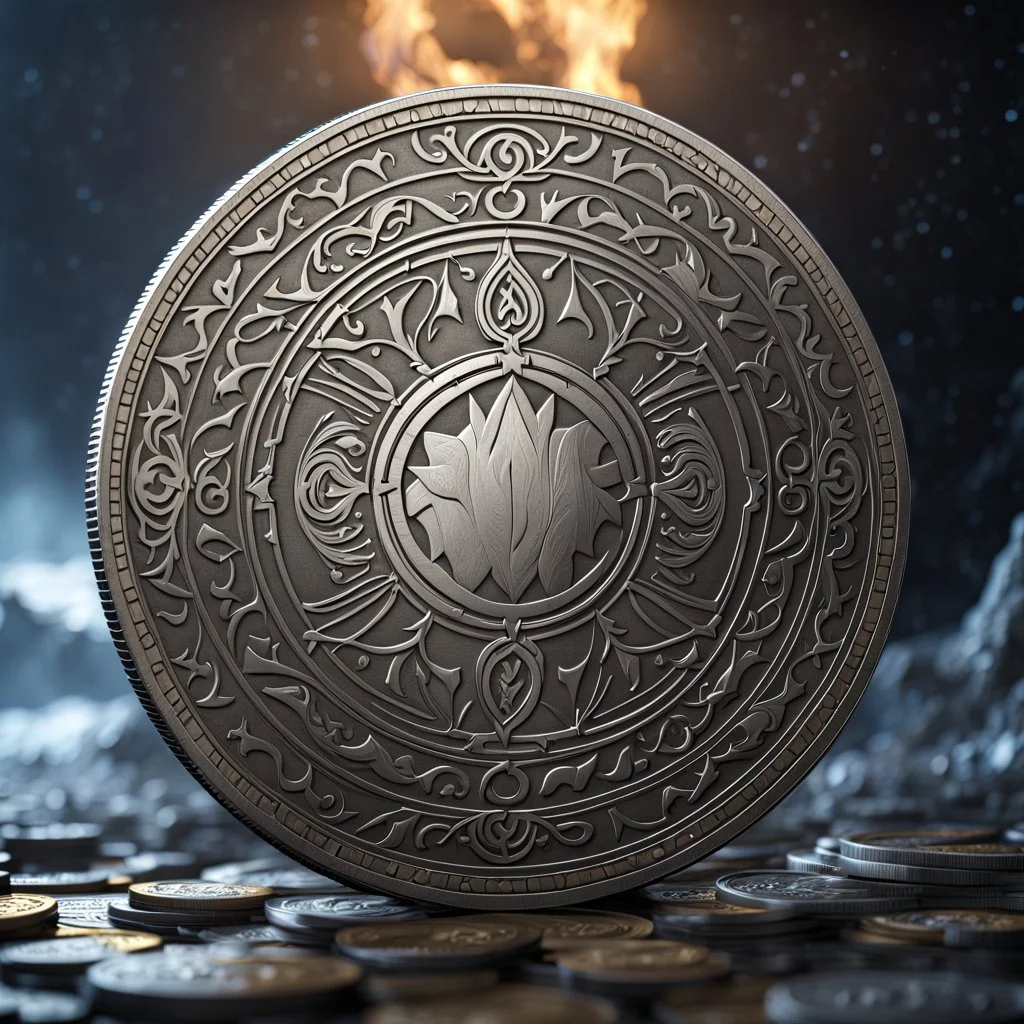 a silver coin called a moon standing on edge. a silver moon in the middle. ancient viking runes. flat coin. show one whole coin front on at a distance. fantasy concept art, exquisite realism, a masterpiece, dynamic lighting, hyper detailed, intricately detailed, deep color, Unreal Engine, volumetric lighting , Epic cinematic brilliant stunning intricate meticulously detailed dramatic atmospheric maximal,