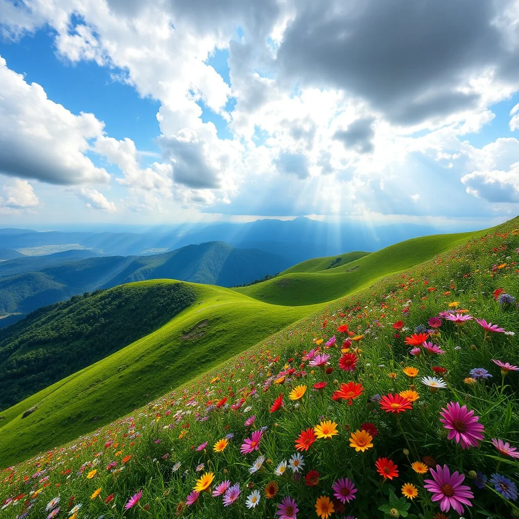 beautiful Green hills covered with flowers colorfull ,blue sky heavy clouds with godray ,very nice flowers at closeup ,wonderfull mountains at distance