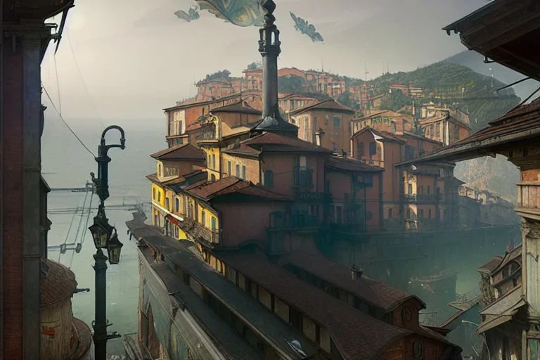 Elevated Corner Trainstation in Italian village sea+liguria+alphonse mucha, greg rutkowski,matte painting, cryengine, hyper detailed, felix kelly, fantasy art, seb mckinnon