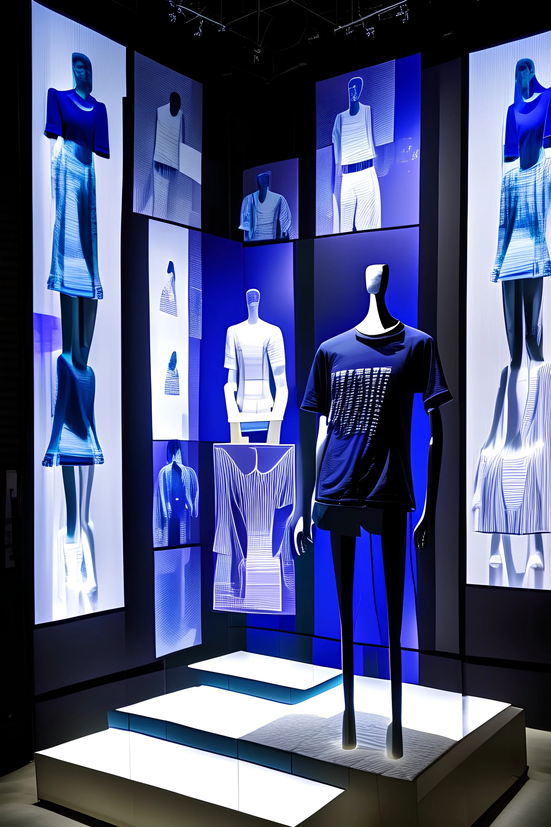 The installation consists of a central display area showcasing a life-sized mannequin wearing the t-shirt, surrounded by interconnected panels and screens representing different stages of the t-shirt's journey. Fabric Sourcing (China): A visually striking panel focuses on the fabric sourcing aspect, featuring images, videos, and data about Chinese textile production. Screens display information about China's textile industry, its global market share, and the environmental and social impacts of f