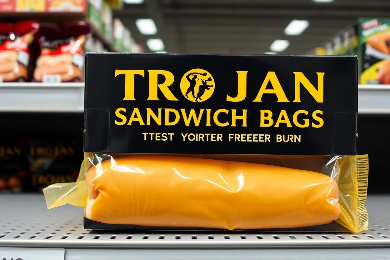 satirical, product, Trojan brand sandwich bag black and gold box on display on a grocery store shelf, "TROJAN SANDWICH BAGS", "PROTECT YOUR HOGIE FROM FREEZER BURN", picture on box is a long tubular sub sandwich being slid into a long yellow opaque plastic bag, photorealistic, HD, natural lighting