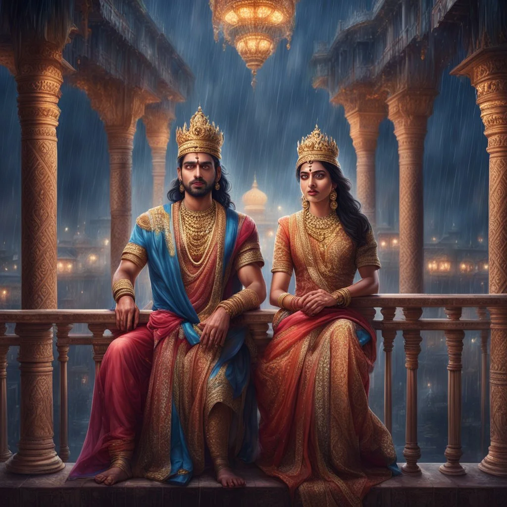 Hyper Realistic beautiful handsome Indian king & Queen on the balcony of an Indian palace at rainy night