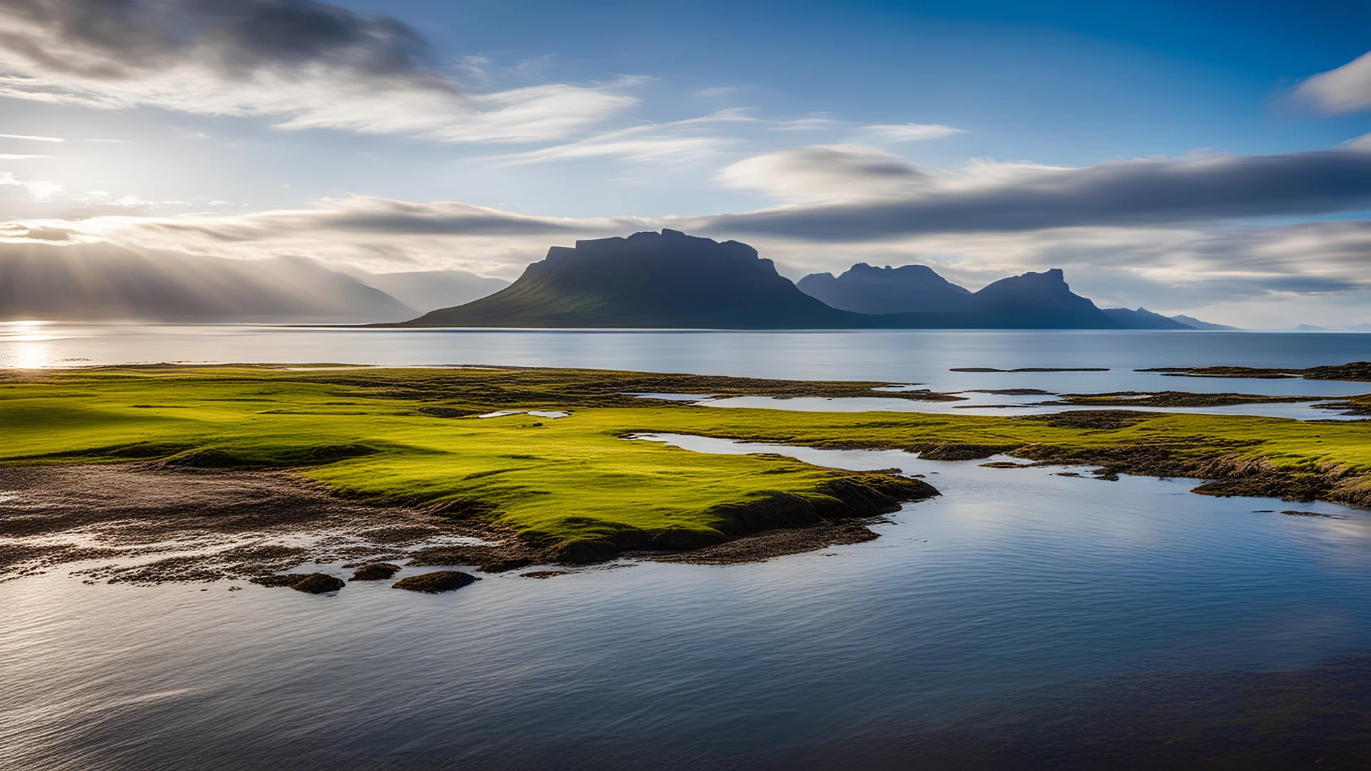 View on the Scottish island of Eigg, with beautiful sky, late afternoon spring sunshine, coast, sea, Rhum, mountains, Sgurr, calm, peaceful, tranquil, rule of thirds, beautiful composition, exquisite detail