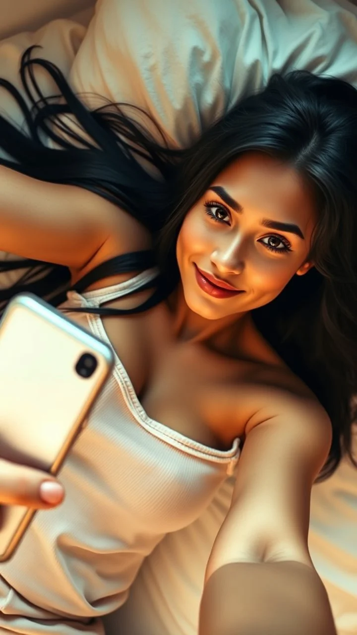 A beautiful 25-year-old woman lying on a bed, taking a selfie from above with her phone. She has long black hair spread naturally over the pillow, wearing a cozy and cute pajama top. Her expression is relaxed and confident, with soft natural makeup and clear skin. The lighting is warm and gentle, creating a calm and intimate mood. The scene feels authentic and casual, like a real selfie moment. Focus on facial beauty, realistic textures, soft shadows, and natural skin tones. Slightly blurred bac
