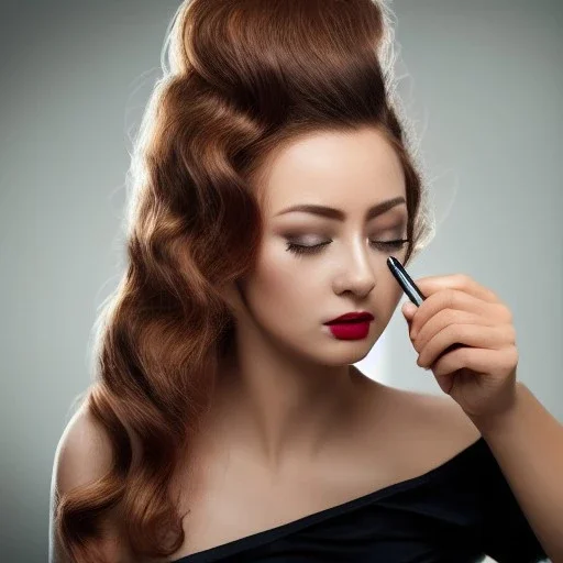 a beautiful woman with a beautiful hair style dress putting on makeup , dramatic, dramatic lighting, volumetric lighting, hyperrealism, 8k, high quality, photorealistic, lot of details