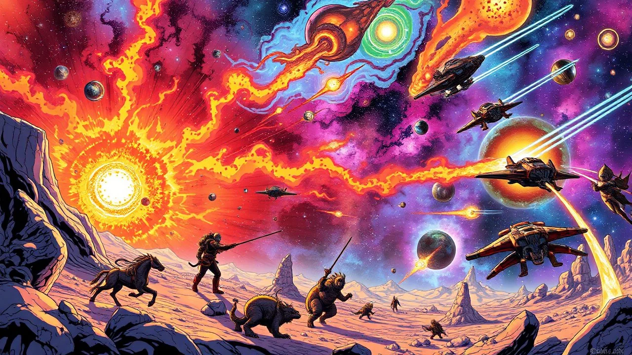 A cosmic comic featuring a vibrant, alien landscape with shimmering stars and unique celestial beings engaged in an epic battle, colorful nebulae swirling in the background, and intricate spacecraft zooming through the cosmos.