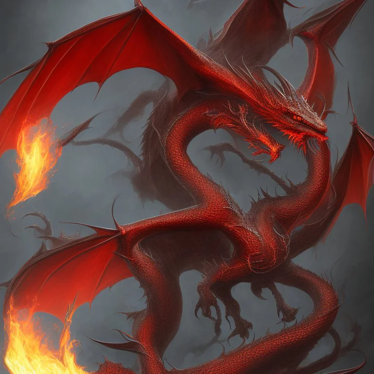 dragon rouge, ailes noires, crache du feu