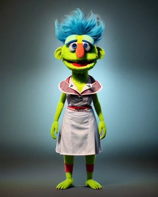 hybrid character, waitress britisn woman with monster muppet mask that covers her entire head, yellow pop, short shirt, old school tattoo, retro style, Sesame Street style, neon, smooth, unreal engine 5, god lights, ray tracing, RTX, lumen lighting, ultra detail, volumetric lighting, 3d.