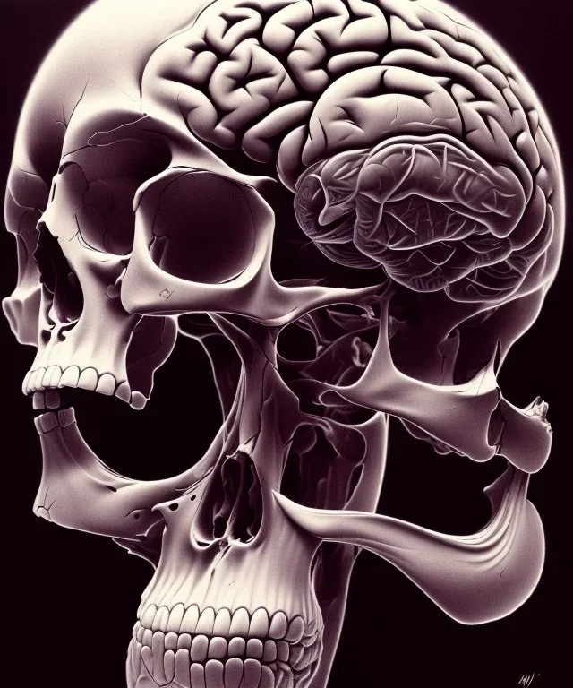 brain, skull, neural network. ink, poster, beksinski