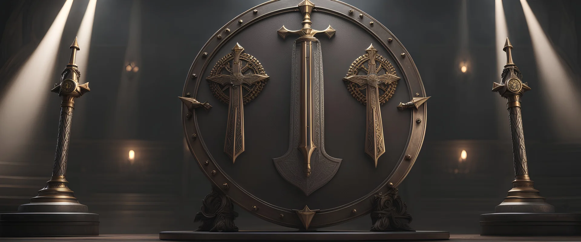 Knight templar swords crossing shield symmetrical , intricate detail, artwork by makoto shinkai, octane render, cinematic, unreal engine, hyper realism, realistic proportions, high detail, cinematic lighting, masterpiece, dramatic, dark atmosphere, highly detailed, sharp focus, high fantasy, unreal engine 5 highly rendered, global illumination, god rays, detailed and intricate environment, elaborate geometric ornament, hyperrealism, forest background