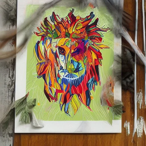 A sticker design in a minimalistic style featuring a caricature lion in vivid colors. The subject is presented alone on a neutral background.