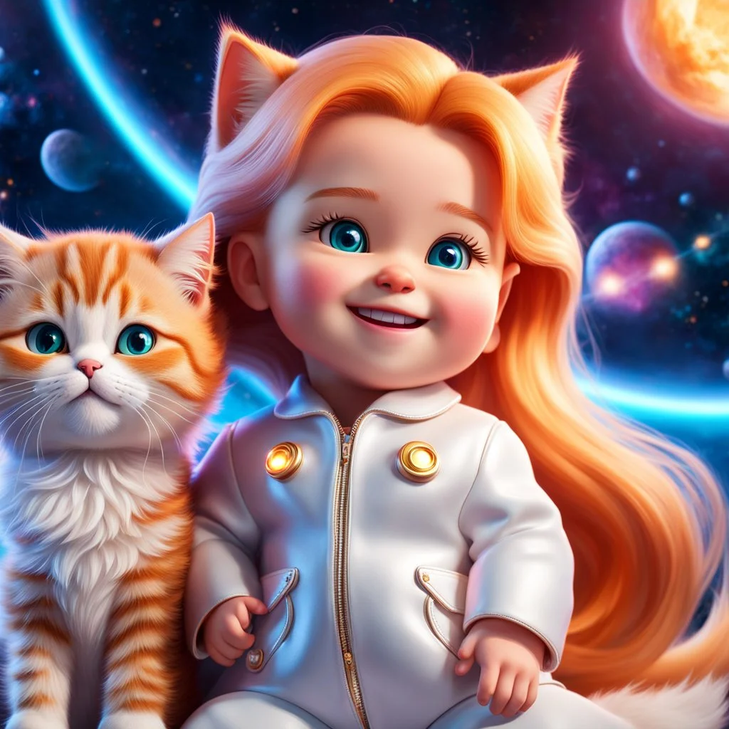 (masterpiece, best quality, 8k, RAW photo, beautiful and aesthetic:1.2), complex detail, Indirect light, photorealistic, (((full body))), Cosmic Boss Baby style smiling, long curved clear hair , with a ginger cat companion, colorfull Sci-Fi environment