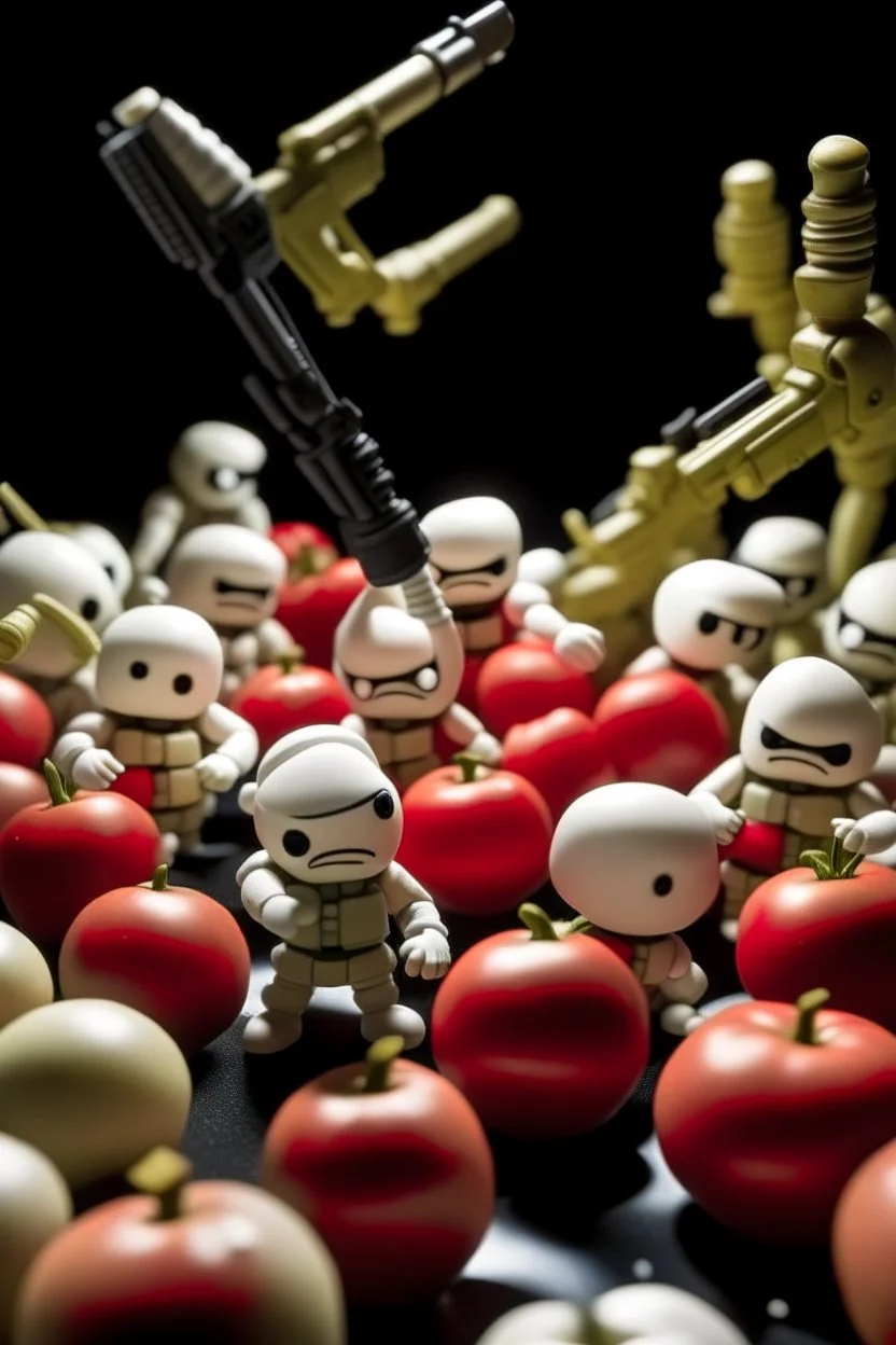 army of marshmallows living angry and armed in a fight with tomatoes in space